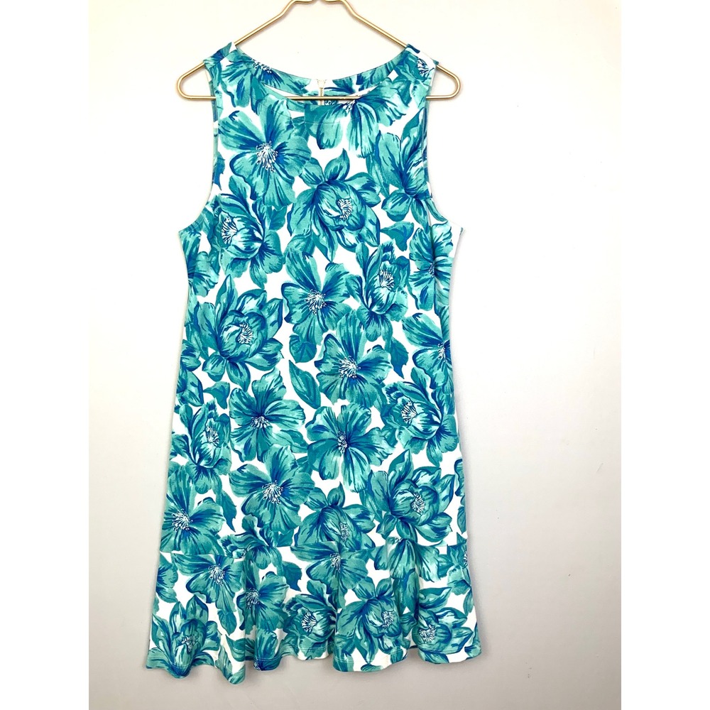 Tommy Bahama Large Darcy Blue Green Hibiscus Floral Flounce Hem Sleeveless Dress